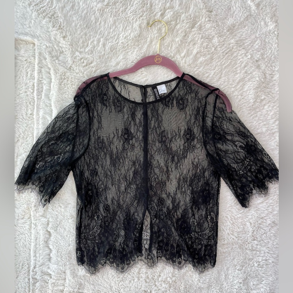 H&M Black Lace Short Sleeve Sheer Blouse